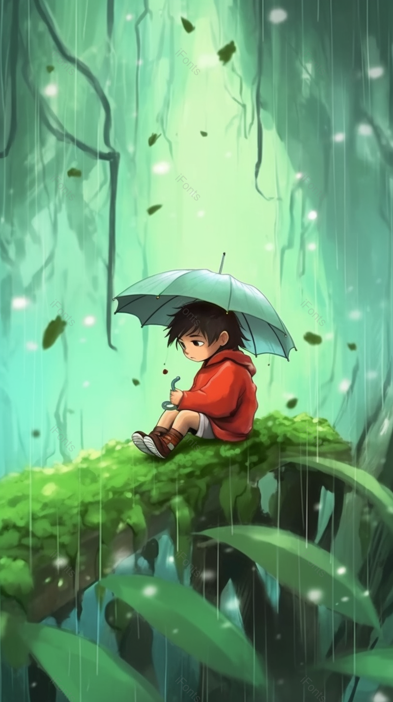 下雨天男孩撑着伞坐在绿色植物上插画背景,插画/手绘图,插画/手绘图库,插画/手绘图下载,插画/手绘